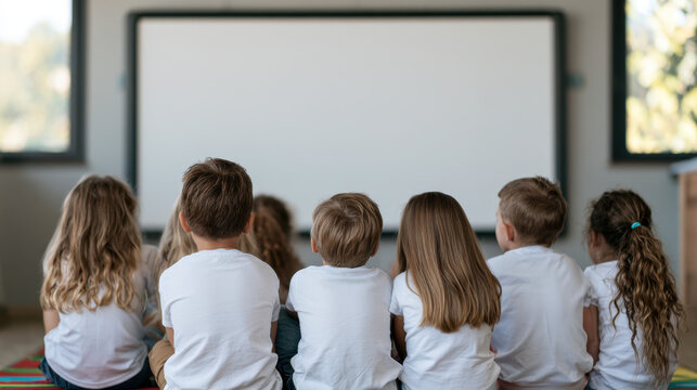 Children sitting in a classroom facing a large blank whiteboard mockup with copy space for educational content, school rules and presentations