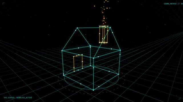 3 d wireframe house model digital blueprint with animated smoke effect