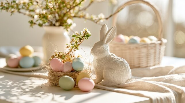 Minimalist Easter celebration: white table, pastel eggs, and delicate flowers under sunny high-key light