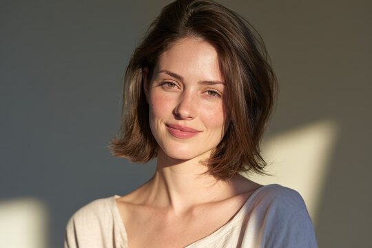 Radiant portrait of a joyful young woman looking into the camera with warm natural light