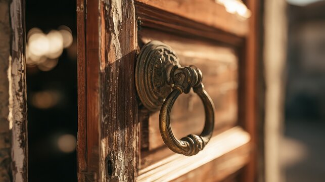Old-world front entry featuring a classic brass knocker and textured wood grain