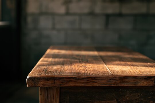 Rustic wooden tabletop against moody gray wall texture with soft focus background