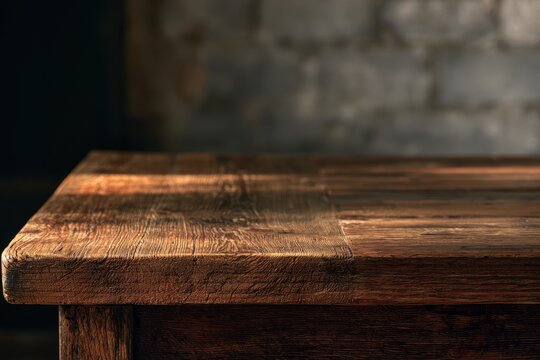 Weathered wood surface in shadowy interior with distant masonry wall