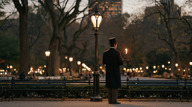 Lamplighter in a wide outdoor park avenue at dusk, traditionally dressed and carrying a long pole igniting ornate iron lamp posts in sequence, a wide establishing shot capturing