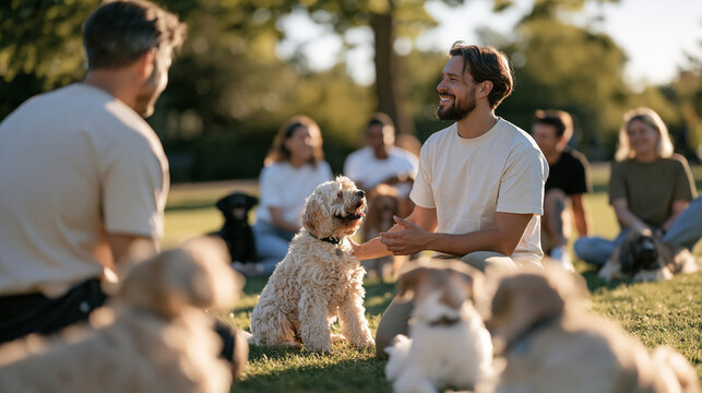 A dog trainer kneels in a busy city park among a multicultural group of pet owners and their dogs mid-session, diverse community learning, canine behavior instruction, urban pet