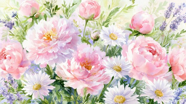 Pastel Watercolor Floral Background with Soft Pink Peonies and White Daisies