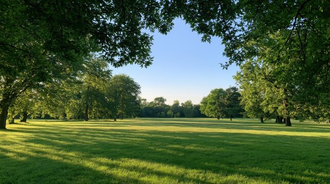 Sunlit meadow in a tranquil public park with lush grass, scattered trees, and warm summer light under a clear blue sky