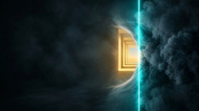Glowing rectangular tunnel portal with vertical cyan laser beam through dark smoke cloud. Futuristic sci-fi corridor light technology concept for corporate presentation background