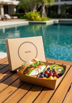 Sandwich with mozzarella and tomato served in cardboard box with fresh fruit near swimming pool. Healthy lunch delivery by hotel. Tropical vacation meal outdoor recreation concept.