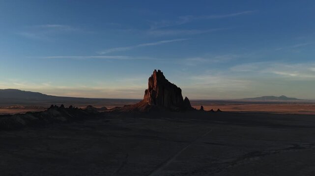 Shiprock New Mexico Desert Landscape and Volcanic Neck Rock Formation Aerial Drone 4K Video