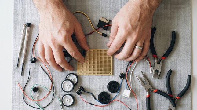 Hands working on an electronic breadboard project surrounded by wires tools and small wheels