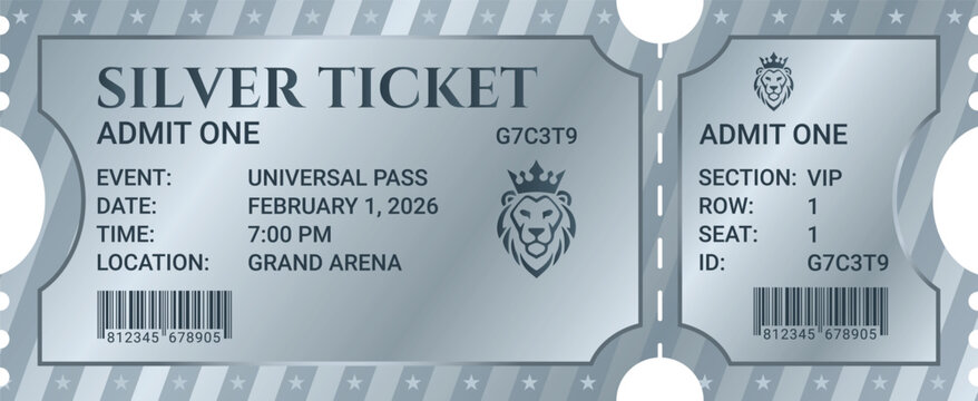 Silver event ticket vector template with lion logo emblem, barcode, perforated tear-off stub, and metallic gradient border isolated on white background