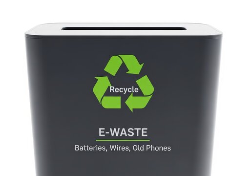 Electronic waste recycling bin for collecting used batteries, cables and broken mobile phones. Concept of environmental sustainability, proper garbage disposal and hazardous waste management.