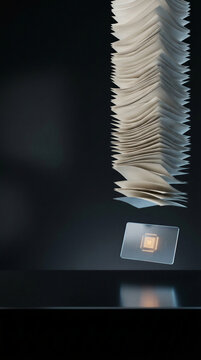Vertical stack of white paper document floating above transparent microchip on dark background. Digital transformation and paperless office automation with artificial intelligence data processing