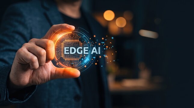Futuristic digital concept of Edge AI technology, showcasing advanced machine learning and data processing capabilities for intelligent devices and decentralized computing