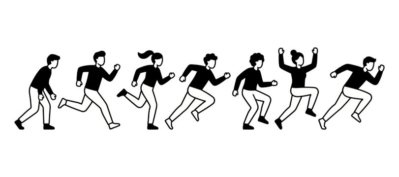 People running sequence showing motion phases in black and white illustration with running person running cycle human movement action poses