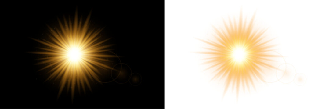 Set of abstract glowing sun icons with lens flare and light rays