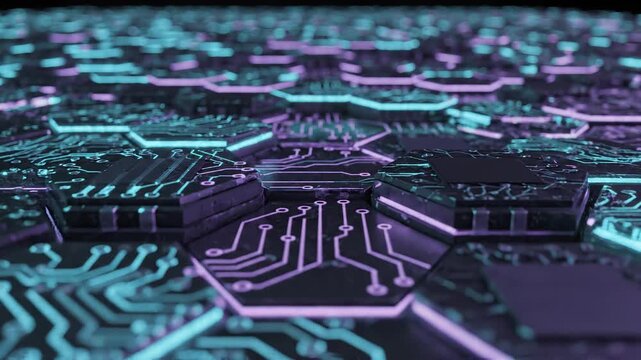 Abstract quantum cellular bio microchip technology seamless loop. Futuristic cyber intelligence glowing neon gold and blue data pathways, video.