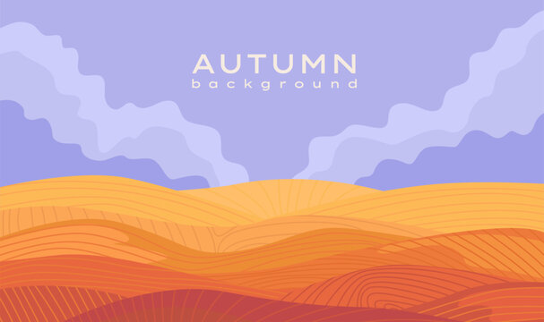 Modern autumn rural landscape with hills and agricultural fields. Beautiful fall panorama view, minimal design with sky,cloud, hills,fields, nature landscape. Agriculture and farming concept. Vector
