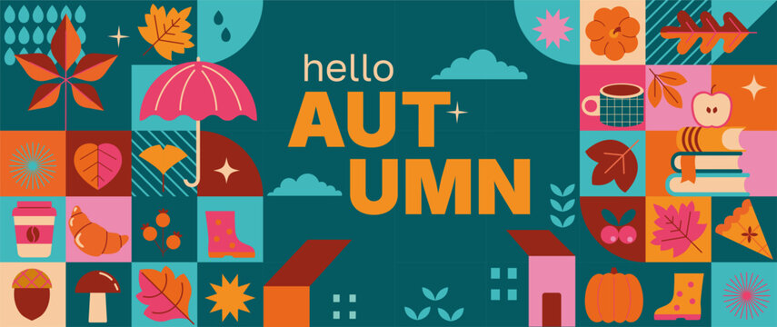 Modern autumn geometric greeting card. Horizontal banner with fall symbols- pumpkin, umbrella, coffee, hot tea and croissant, coffee to go, books, pie. Design for greeting, print, web, sales. Vector
