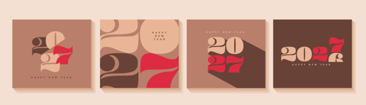 Set of elegant greetings cards for 2027 New Year. Minimalistic posters,banners for happy event with big red numbers of new year. Template for design, flyer, web,cover, calendar. Vector illustration