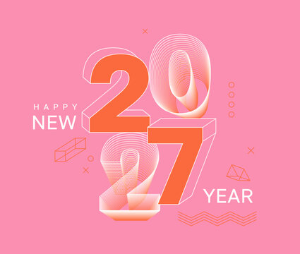 3d numbers 2027 for New Year,geometric modern greeting card. Holiday poster with numbers from lines,geometry 3d shapes on pink background. Design for flyer,web,cover,calendar,web, print, banner.Vector
