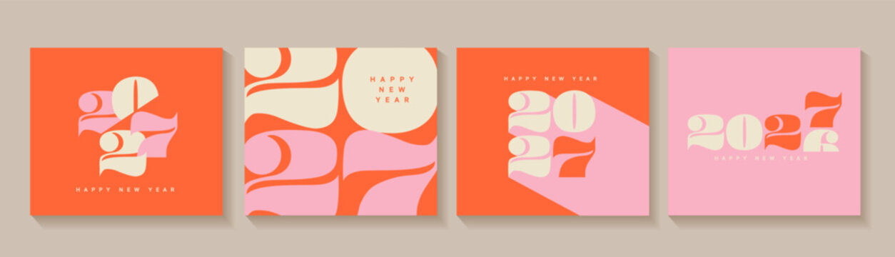 Set of bright greetings cards for 2027 New Year. Elegant minimalistic posters,banners for happy event with big numbers of new year. Template for design, flyer, web,cover, calendar. Vector illustration