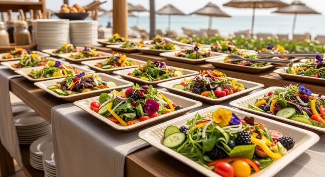 Rows of fresh garden salad served on disposable bamboo plate at outdoor beach buffet. Healthy vegetable meal with edible flower garnish for catering event. Summer party food service.