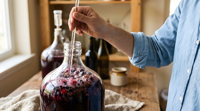 Person stirring fermenting wild berries wine mash with glass rod in carboy bottle for home brewing