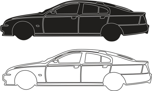 Set of Cars Side View Black and White Outline Vector Collection