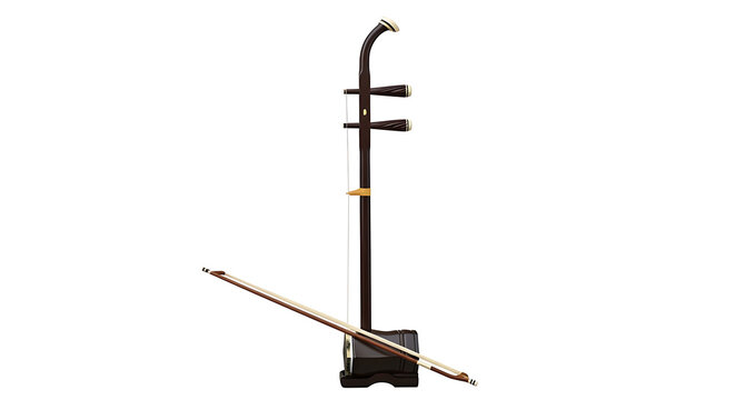 Traditional chinese two string fiddle erhu instrument isolated against a plain white studio