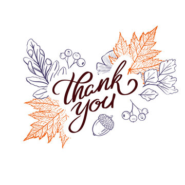 Elegant Thank You greeting design featuring hand lettering surrounded by detailed autumn leaves, botanical branches, berries, acorns, and decorative foliage in orange and dark burgundy tones.