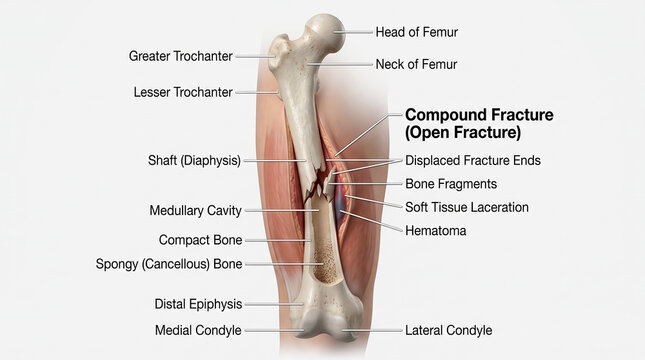 Compound open fracture diagram showing broken femur bone displaced fragments and tissue damage