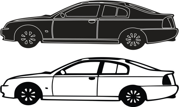 Set of Cars Side View Black and White Outline Vector Collection