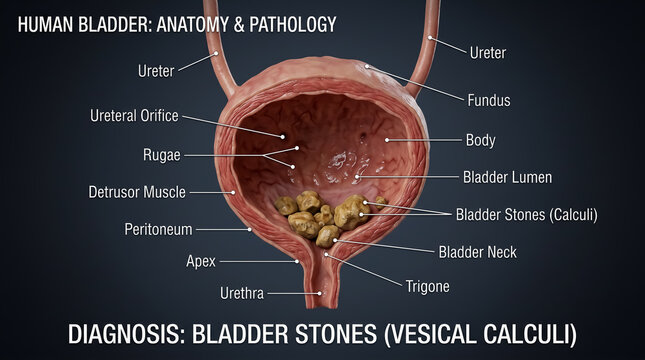Human bladder anatomy cross section showing bladder stones vesical calculi in lumen
