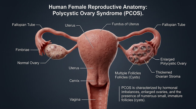 Female reproductive system anatomy diagram depicting polycystic ovary syndrome PCOS with cysts