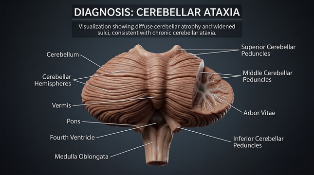 Cerebellar ataxia diagram showing cerebellar atrophy widened sulci and brainstem anatomy