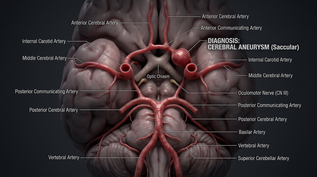 Circle of Willis cerebral arteries diagram showing saccular cerebral aneurysm