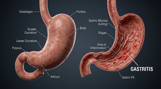 Stomach cross section diagram comparing normal anatomy and mucosa inflammation in gastritis