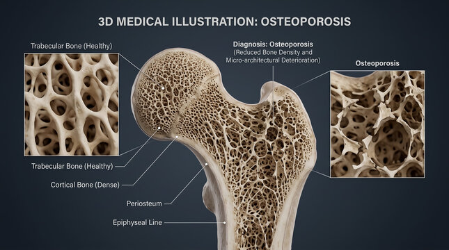 Femur bone cross section comparison showing reduced density and micro architectural deterioration in osteoporosis
