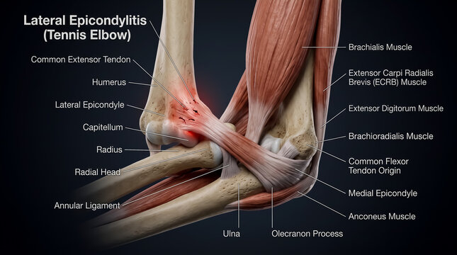 Elbow joint diagram showing tendon micro-tears in lateral epicondylitis