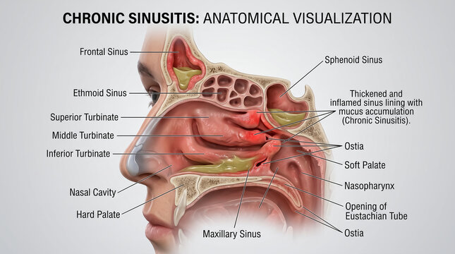 Nasal cavity cross section diagram illustrating mucosal inflammation in chronic sinusitis