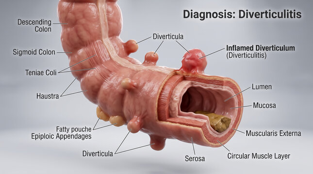 Sigmoid colon cross section diagram illustrating inflamed diverticulum in diverticulitis
