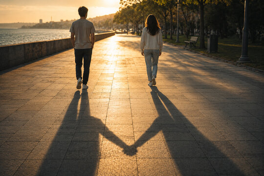 Situationship Concept with Two People Apart While Their Shadows Hold Hands

