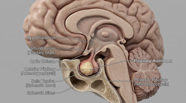 Brain sagittal section showing pituitary adenoma mass effect on sella turcica