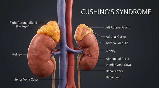 Retroperitoneal anatomy diagram illustrating adrenal gland hyperplasia in Cushing's syndrome