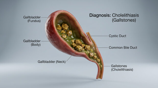Cutaway gallbladder diagram displaying stone obstruction in cholelithiasis