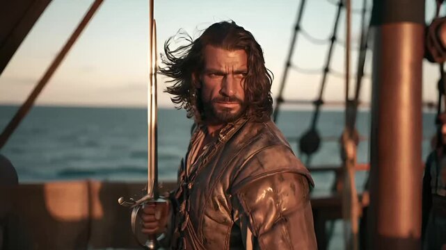 Europe medieval lifestyle. A cinematic portrayal of a man with long, wavy hair and a beard, wearing a leather jacket, standing on a ship deck.