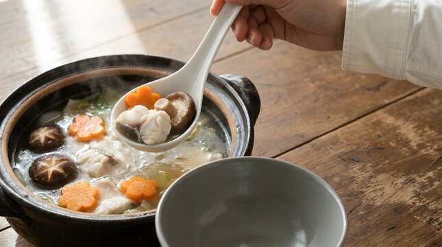 Person scooping hot Japanese nabemono fish hotpot soup with ladel into bowl on wooden dining table