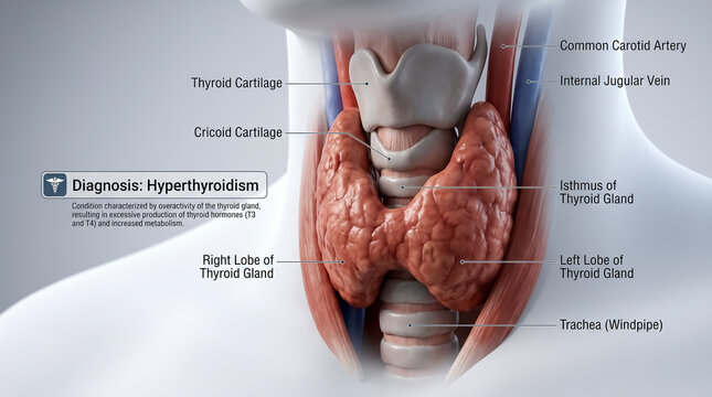 Anatomy diagram of human thyroid gland on trachea showing hyperthyroidism enlargement and tissue change